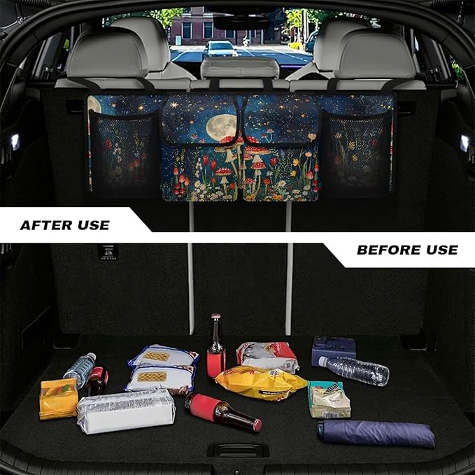 Floral Moon Mushroo Trunk Organizer For Car, Suv, Truck Adjustable Multi Pocket Collapsible Car Trunk Organizer Backseat Cargo Storage Bag With Securing Straps