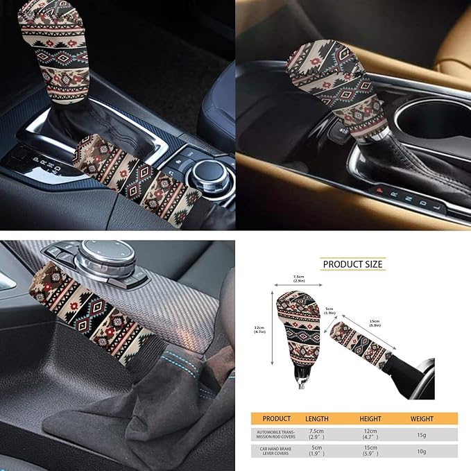 FKELYI Brown Aztec Car Interior Accessory Set - Seat & Headrest Covers, Gear Shift & Handbrake Knobs, Steering Wheel Cover, Cup Coasters