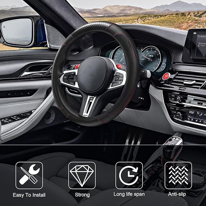 15" Car Steering Wheel Cover, Carbon Fiber Leather Stitching Elastic Steering Wheel Protector, Anti-Slip/Breathable/Durable/Soft, Interior Accessories for Most Cars (Carbon Fiber Black+Black)