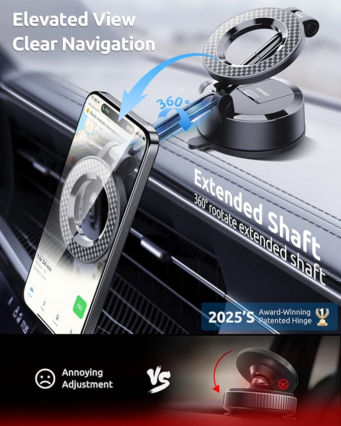 Vacuum Magnetic Car Phone Holder, 360°Adjustable, Compatible with iPhone 12-17 Series & Dashboard Mount & Tesla, 80+LBS Strong Suction Cup Phone Holders for Your Car, MagSafe-Compatible (Carbon Fiber)