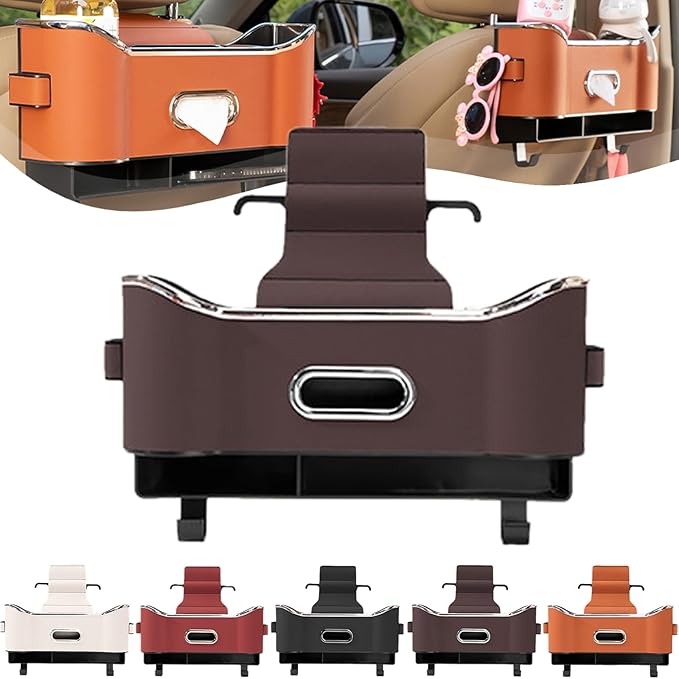 Multifunctional Car Seat Back Storage Box, Multifunctional Car Logo Seat Back Storage Box, Universal back seat car organizer, Car Tissue Organizer Back Seat with 2 Drink Cup Holder (Brown)