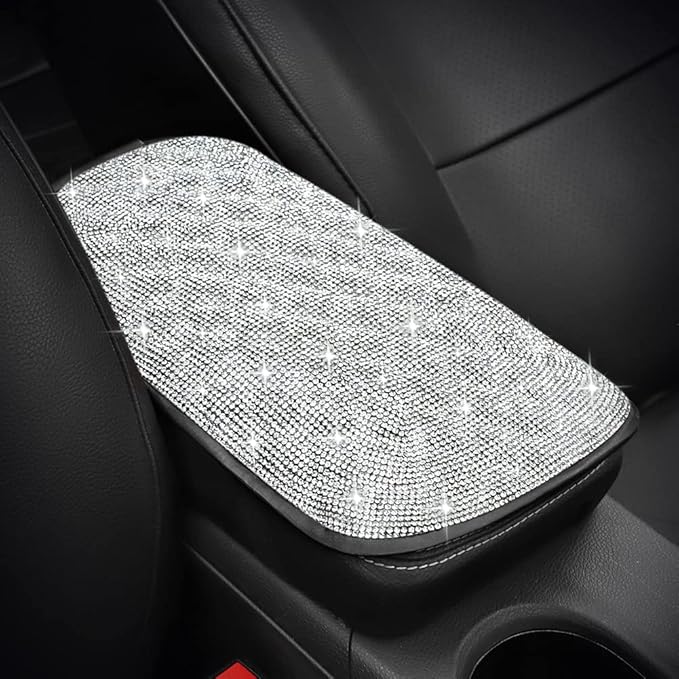 SAVORI Bling Car Armrest Cover Diamond Rhinestone Auto Center Console Cover Protector Arm Rest Cushion Pads Universal Bling Car Accessories for Women Girl Cute Vehicle Interior Decor (White)