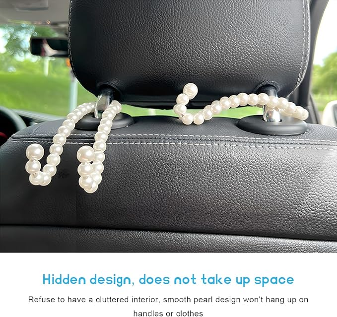 2PCS Car Seat Headrest Hook, Elegant Pearl Auto Back Seat Hanger Cute Purse Storage Organizer, High Load-Bearing Headrest Hook Exquisite Chic Holder for Handbags Coats Keys