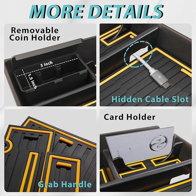 BestEvMod Center Console Organizer Tray Compatible with 2022-2025 2026 Rivian R1T/R1S Removable Coin Holder Armrest Storage Box ABS Material with PVC Trim Accessories (V3 Yellow)