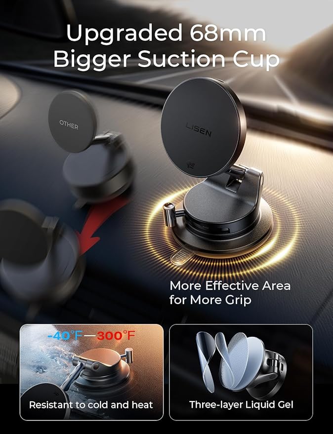 LISEN Qi2.2 25W Magsafe Car Mount Charger,[More Stable & Faster Charging] Suction Cup Phone Mount, Wireless Car Charger 25W Magnetic Car Phone Charger for iPhone 17 16,15W for iPhone 17e 15 14 13 12
