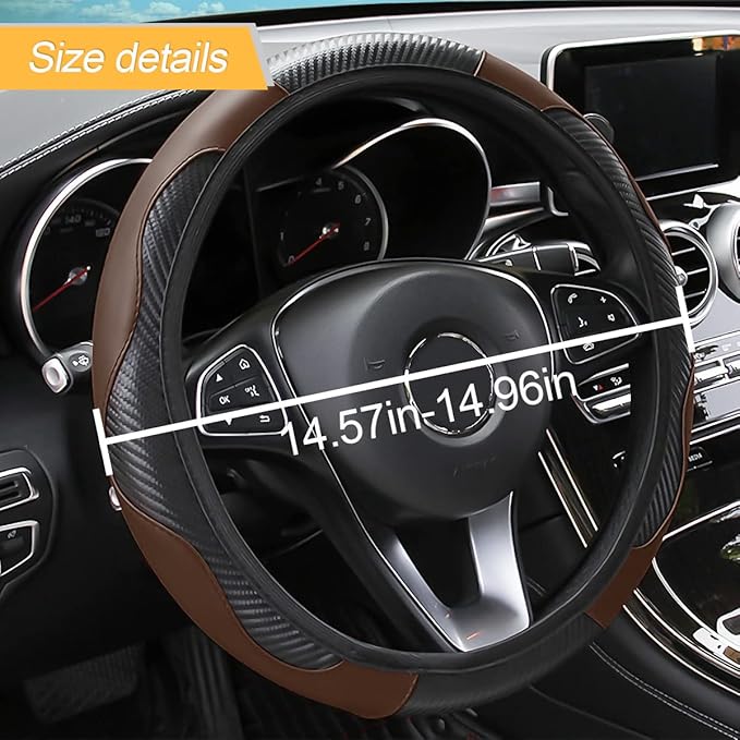 Car Steering Wheel Cover, 15 Inch PU Leather Carbon Fiber Elastic Stretch Without Inner Ring, Breathable Anti-Slip Auto Steering Wheel Protector for Women Men, Universal for Most Cars (Coffee)
