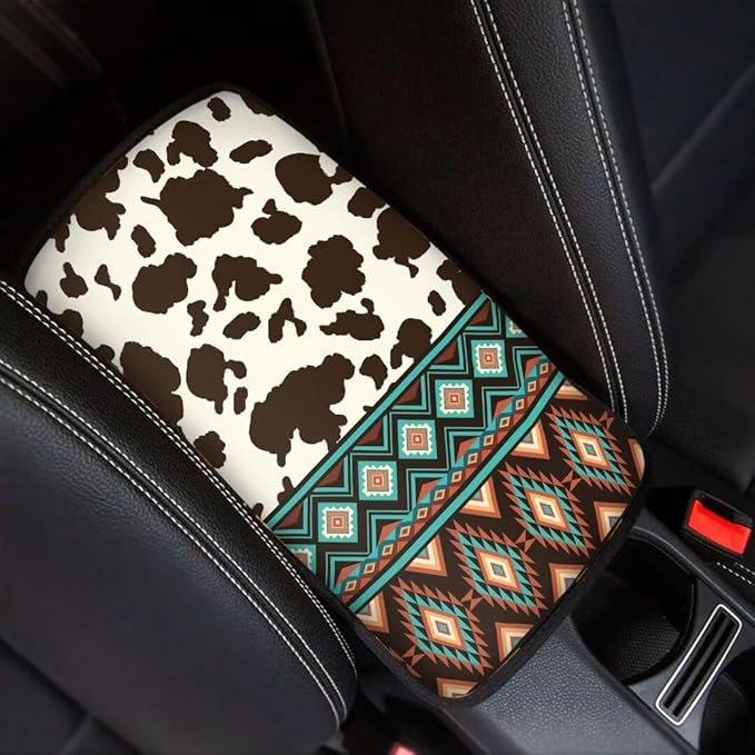 Coldinair Brown Cow Car Center Console Pad Ethnic Aztec Soft Armrest Protector Cover Fit for Most Vehicle,SUV,Truck,Washable