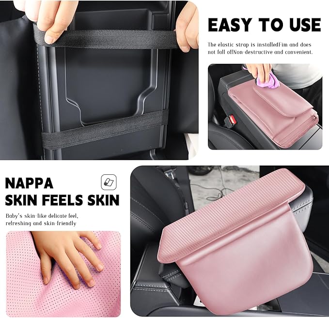 Car Armrest Cover Pad - Nappa Leather Car Center Console Cover with Breathable Holes, Non-Slip Auto Arm Rest Cushion, Universal Car Interior Accessories Fit forTesla Model Y (Pink)
