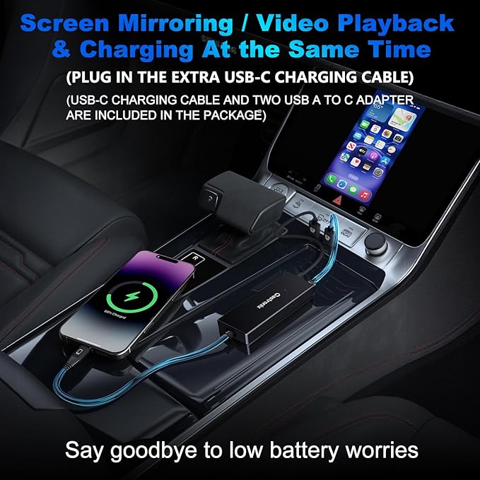 4-in-1 Wireless CarPlay Adapter for iPhone 15/16/17 & Newer, Wired Video Streaming, Screen Mirroring, Two-Way Control & Charging, Plug & Play for Factory Wired CarPlay (Black)