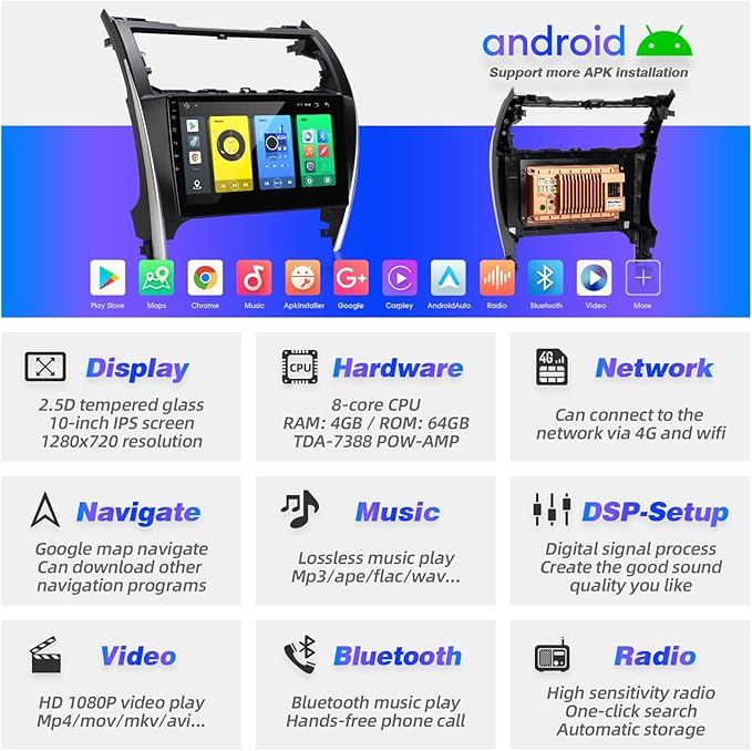 for Android Compatible with Wirelessly Carplay Android Auto,Car Radio Stereo Bluetooth Navigation GPS WiFi FM/AM 8 core 4GB+64GB 1280X720 Touchscreen Rear Camera for Toyota Camry 2012-2014