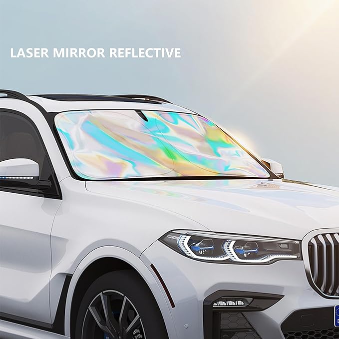 Sunshade Car Front Windshield Titanium Silver Sun Shade Iridescent Car Sunshade Foldable Sun Shield Cover Block UV Rays, Reflector Shield Suitable for Most Cars SUVs Large 57 x 31.5 in