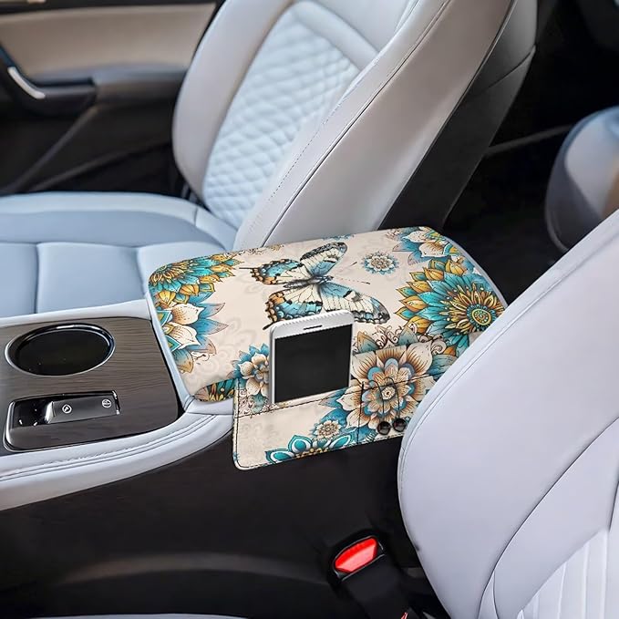 Dreaweet Thick Center Console Cover Boho Butterfly Car Arm Rest Cover for Women Car Armrest Storage Box Mat Soft Comfy Arm Rest Cushion Pads for SUV Truck Sedan Vehicle