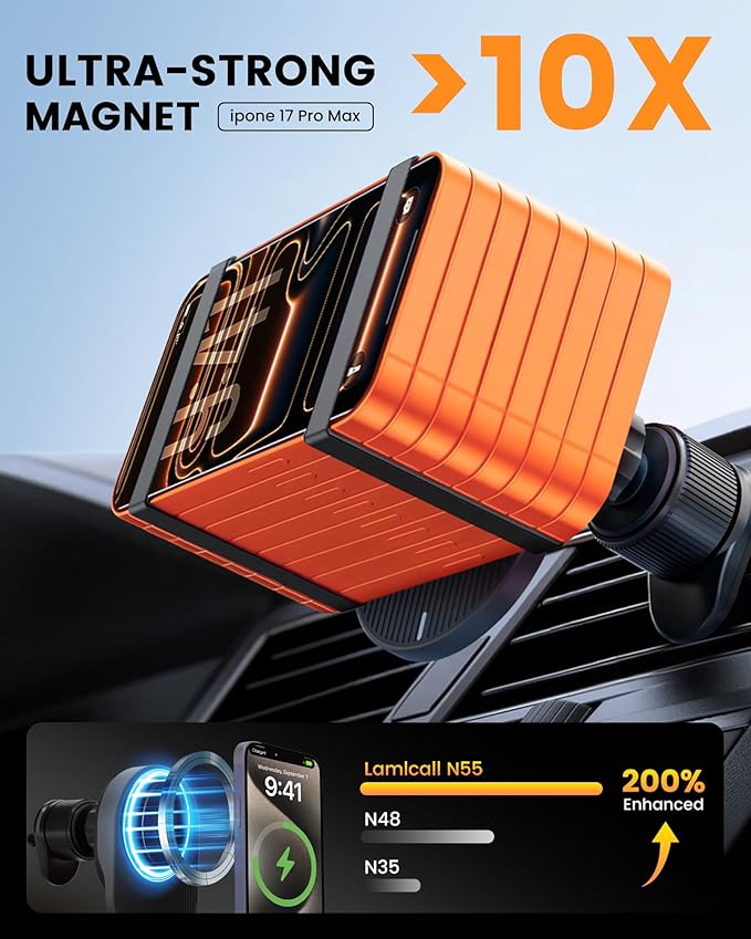 for MagSafe Car Mount Charger, 15W Fast Wireless Cars Charger with Retractable Charging Cable, Magnetic Car Phone Holder for iPhone 17/16/15/14/13/12 Series (Plus & Mini) (Black)