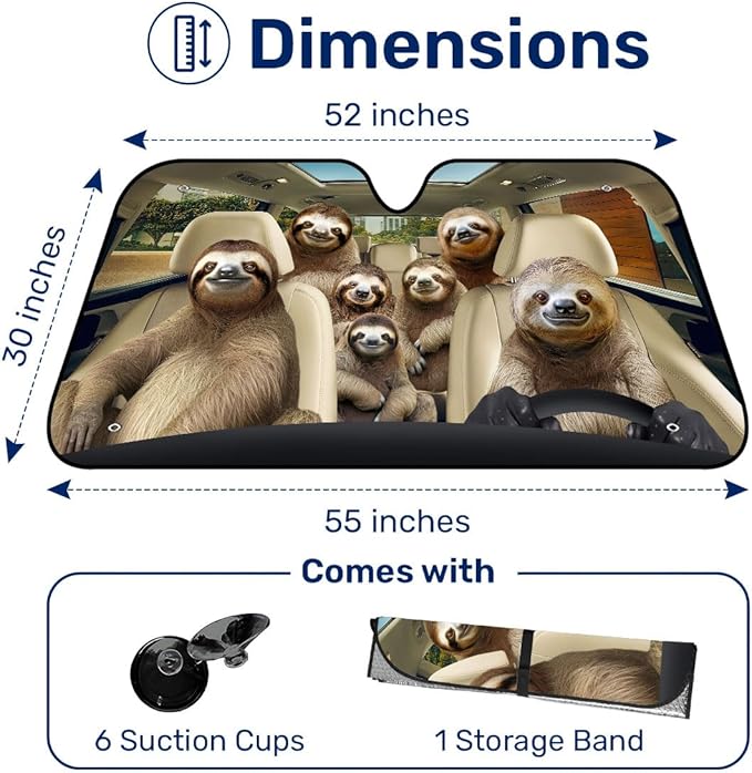 GENANY Sloth Family Funny Windshield Sun Shade for Car SUV Truck (55x30 Inches),Sun Shade Windshield, Shades for Windows, Protector Blocks UV, Spring Car Decor