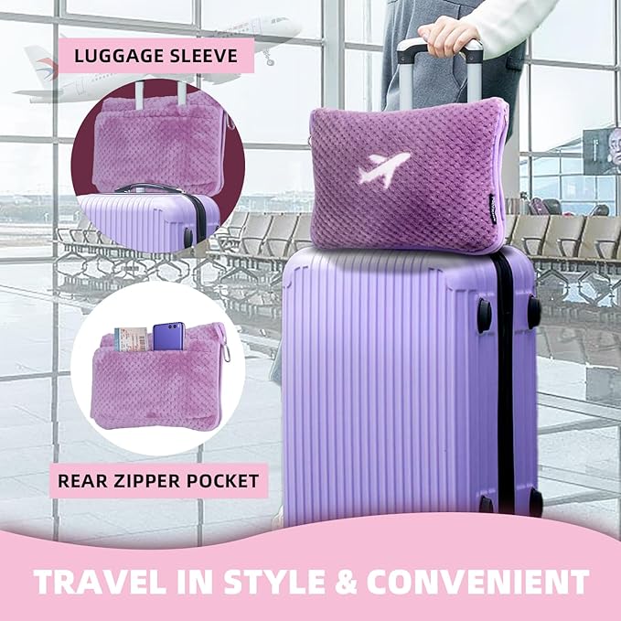 3 in 1 Travel Blanket Pillow Set - 350 GSM Thick Travel Blanket Airplane Compact with Bag, Soft Bag with a Pocket, Inflatable Travel Pillow for Camping & Car Trip (Violet)