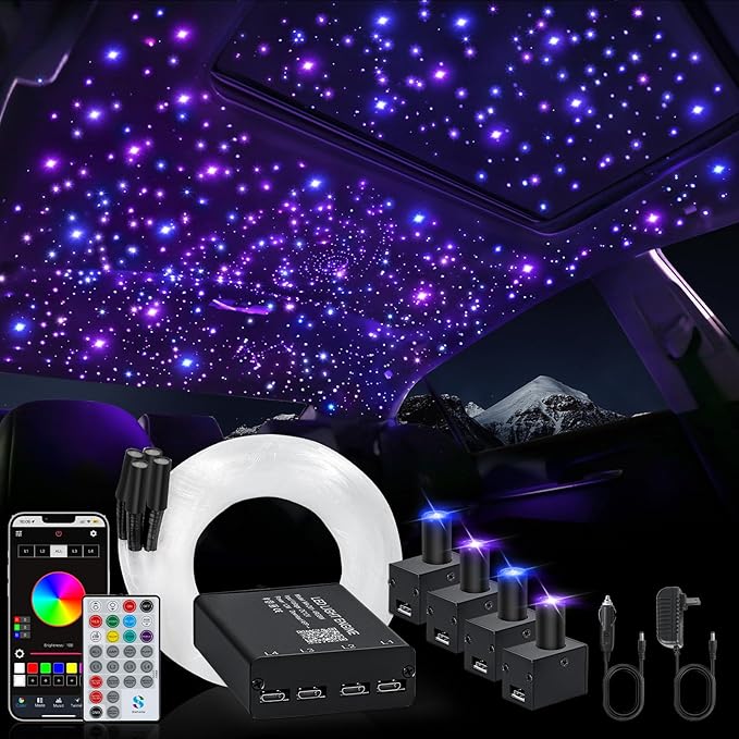 Split 4 Colors 12W Car Starlight Headliner Slim Kit 600pcs*0.02in*9.8ft with APP&RF Remote,RGBW Fiber Optic Starlight Kit,4 Port Engine Sound Activated Star Lights for Ceiling Car Roof/Home Decor