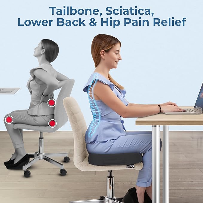 5 STARS UNITED Seat Cushion - Memory Foam Chair Cushion for Tailbone Pain Relief - Ergonomic Support for Coccyx, Sciatica & Butt - Office, Desk & Gaming Chair, Car Seat, Wheelchair, Airplane, D Gray