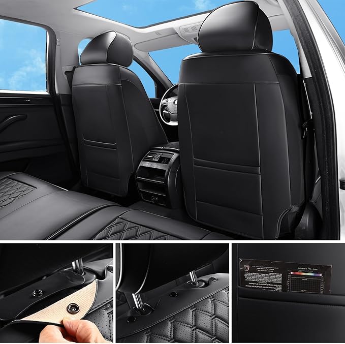 Car Seat Covers Full Set Black, Luxury Faux Leather Car Seat Covers Waterproof Non-Slip Seat Protector Universal Fit for Most Cars SUVs Trucks Pick-ups,Car Accessories for Front Seats and Back