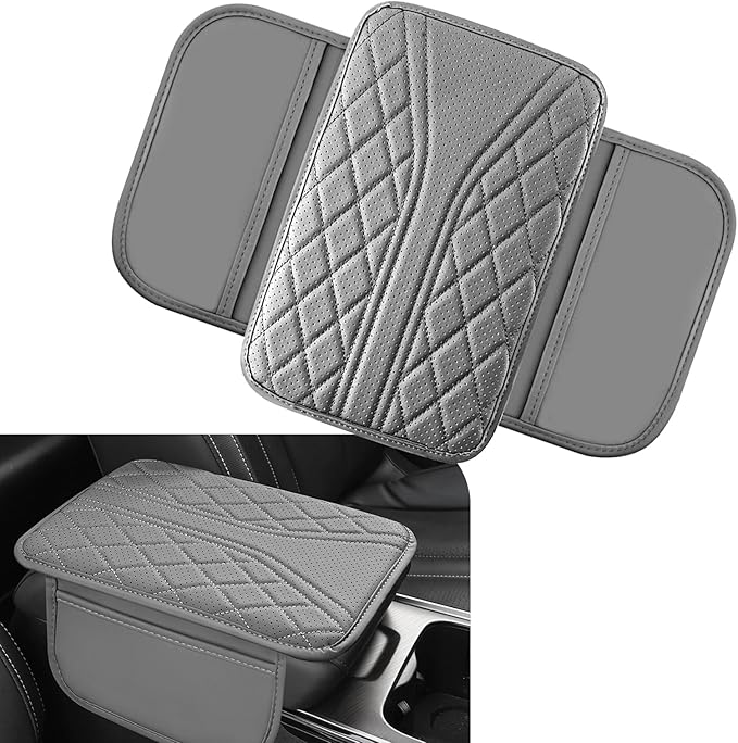 Car Center Console Cover, Leather Auto Armrest Cover with 2 Storage Bags, Universal Cars Armrest Cushion, Vehicle Interior Accessories Protector for Sedan, SUV, Truck (Gray)