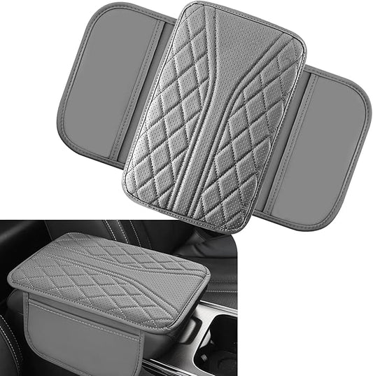 Car Center Console Cover, Leather Auto Armrest Cover with 2 Storage Bags, Universal Cars Armrest Cushion, Vehicle Interior Accessories Protector for Sedan, SUV, Truck (Gray)