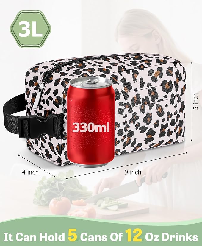 Small Insulated Snack Bag Lunch Bag for Kids Lunch Box for Women/Men, Collapsible [3L/5-Can] Reusable Lunch Bag Cooler Bag for Bottle with Handle Buckle for Work/School/Travel,Leopard Print