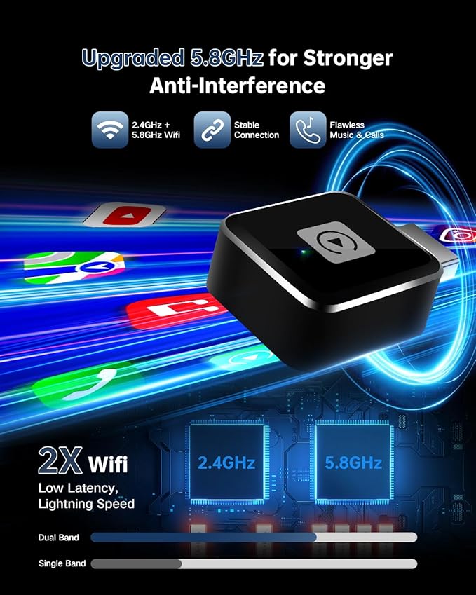 Wireless CarPlay Adapter for iPhone, Converts Factory Wired CarPlay to Wireless, Plug & Play Auto Reconnect, USB-A Dongle + USB-C Adapter, for Cars with OEM Wired CarPlay (iOS 10+, Car Model 2016+)