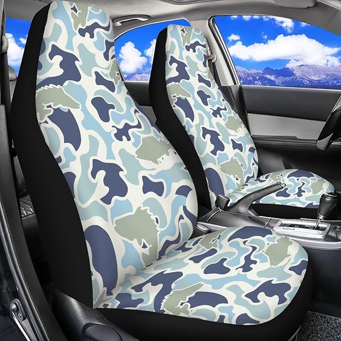 ELEQIN Fish Camo Car Front Seat Covers, 2 Pack Polyester Automotive Seat ProtectorsSoft & Breathable, Automotive Interior Accessories for Most Cars