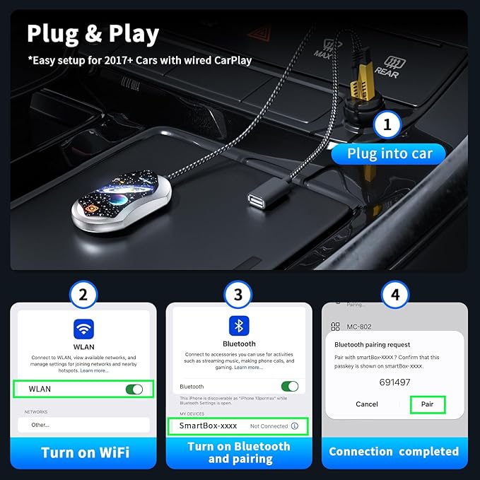Wireless Android Auto & CarPlay Adapter, Plug and Play, No Lag, USB Type-A & C Support with Charging Port, Mini 3 in 1 Wireless Adapter Compatible with Cars with Wired CarPlay/Android Auto