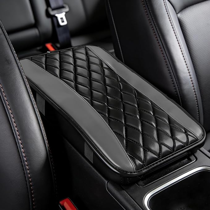 Car Center Console Cushion Pad, Arm Rest Covers, 12.6"×7.5" Leather Waterproof Auto Armrest Seat Box Protector, Auto Comfortable Center Console Cover Universal for Most Vehicles (Grey)