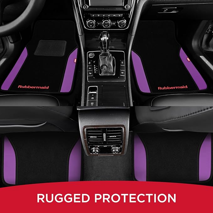 Rubbermaid Car Mats, Carpeted Floor Car Mat with Faux Leather & Built-in Heel Pad, Two-Tone Car Rug Floor Mats, Stylish Carpeted Floor Mats for Cars, Trucks & SUVs Purple Color