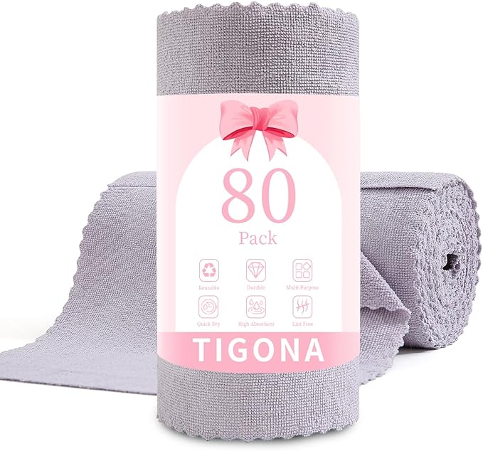 80 Pack Microfiber Cleaning Cloth Roll,Lint Free Rags & Tear Away Reusable Towels Washable Scratch,Ultra Absorbent Dish Rags(12" x 12") for Car Kitchen Home Garage-Light Purple