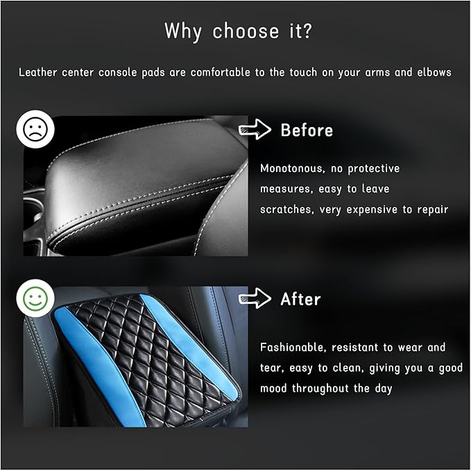 Car Center Console Cushion Pad, Universal Leather Waterproof Armrest Seat Box Cover, Comfortable Auto Armrest Cover Protector, Car Interior Decor Accessories for Most Vehicles (Black & Blue)