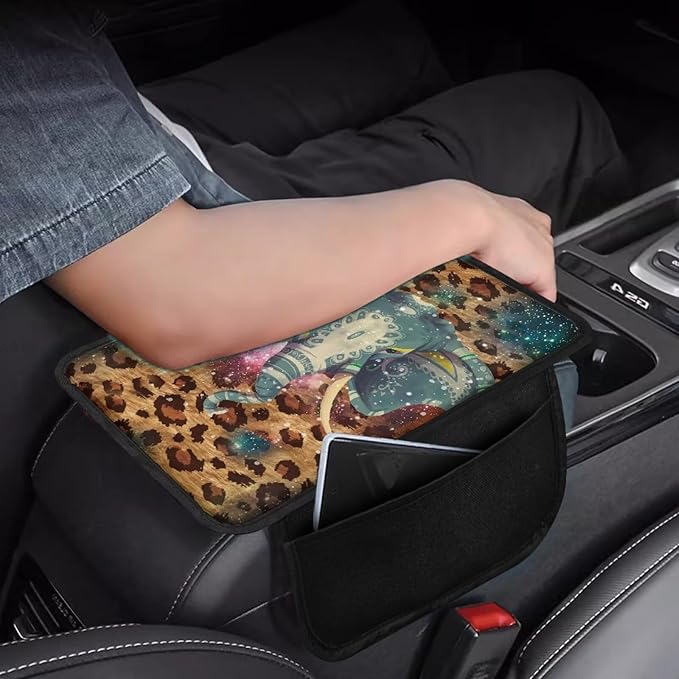Elephant Leopard Pattern Center Console Covers for Cars Elastic Car Armrest Cushion Anti-Slip Vehicle Armrest Cover Pad Car Decoration Accessories Interior Protection