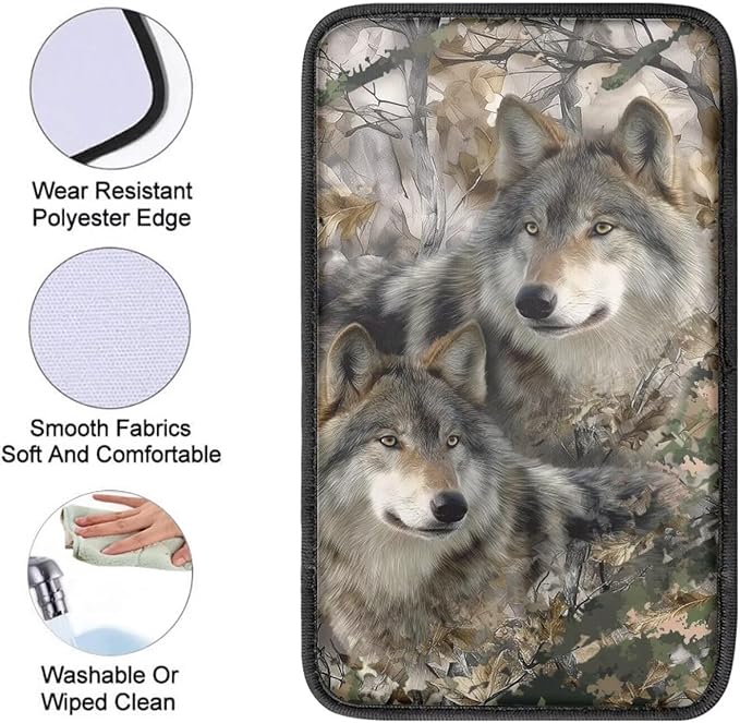 Wolf Print Car Center Console Armrest Cover Camo Hunting Print Armrest Box Cover Center Console Pad Neoprene Car Decor Accessories for Women Men, Easy to Install