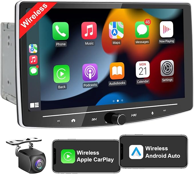 Double Din Car Stereo Wireless Apple CarPlay Android Auto,10 in Android Car Radio Head Unit with QLED Touchscreen, Bluetooth,WiFi, GPS Navigation, FM/USB/SWC/AUX/Subwoofer