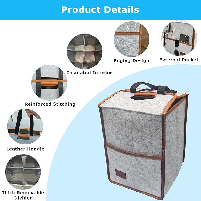 4 Cup Drink Carrier with Handle, Reusable Insulated Cooler Drink Caddy for Car Cup Holder, Foldable Coffee Carrier Bag with Adjustable Dividers, Portable for Car, Travel, Picnic Party, Food Delivery