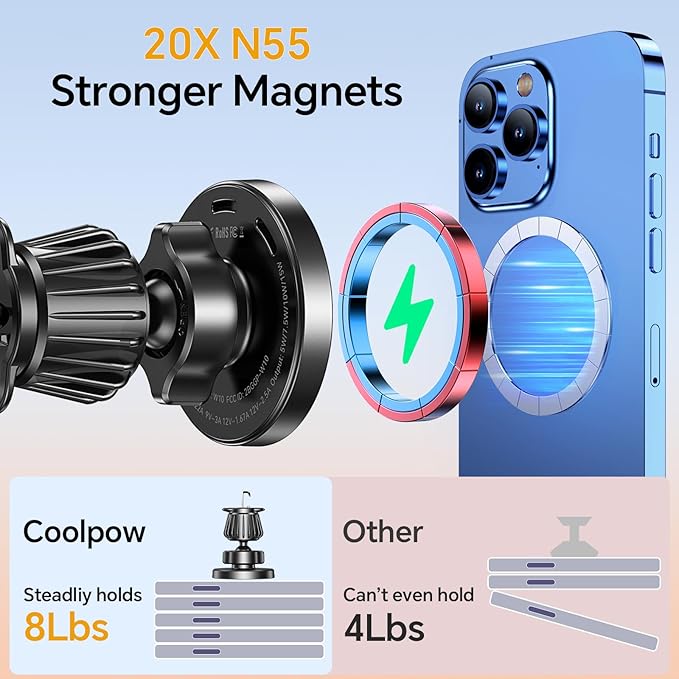 Coolpow for Magsafe Car Mount Charger【100% Stable】 15W Magsafe Car Charger Magnetic Phone Holders for Your Car Accessories for Women Men Gifts for Mothers Day Wireless Car Charger for iPhone 17 16 15