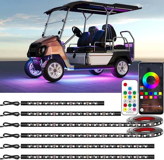6PCS Golf Cart Underglow LED Light Kit with Built-in 12V-80V Reducer & Canopy Lights, APP & Remote Control, Sound Active Music Sync, IP67 Waterproof, Battery Drain Protect, for EZGO Yamaha Club Car