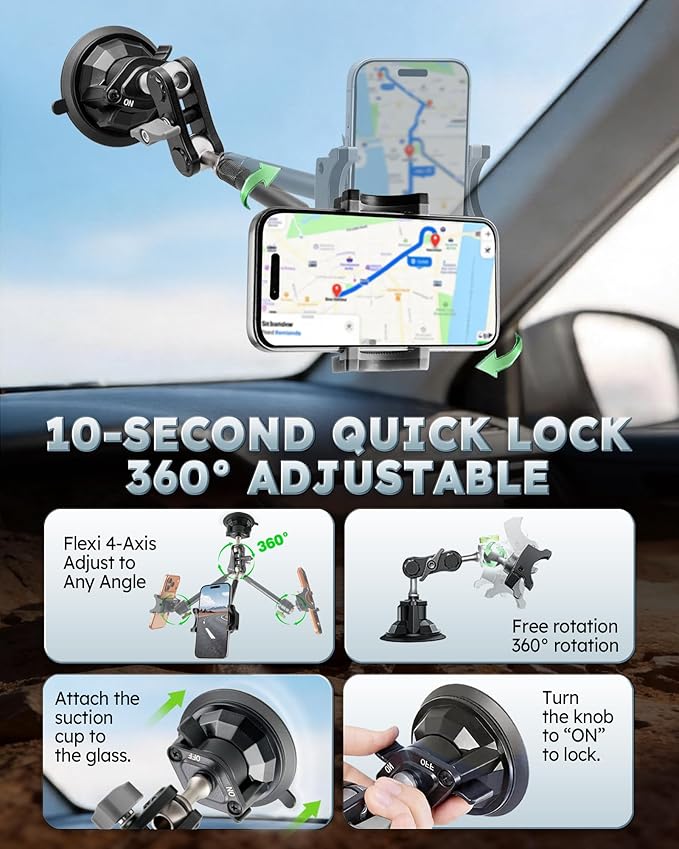 Heavy Duty Truck Phone Mount, Aluminum 360° Rotating Anti-shake Suction Cup Phone Mount, 14.5" Long Arm Metal Windshield Phone Holder for Car Truck Semi, Fits Thick Cases F-150 Silverado RAM Kenworth