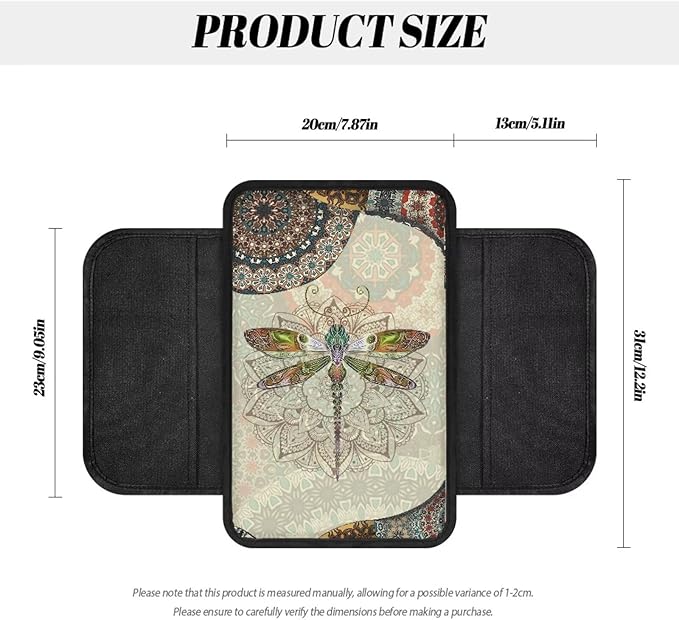 Bohemian Mandala Dragonfly Pattern Car Armrest Cover Non-Slip Auto Center Console Pad Stretchy Car Armrest Cover Cushion Universal Fit for Most Cars Sedan Truck SUV
