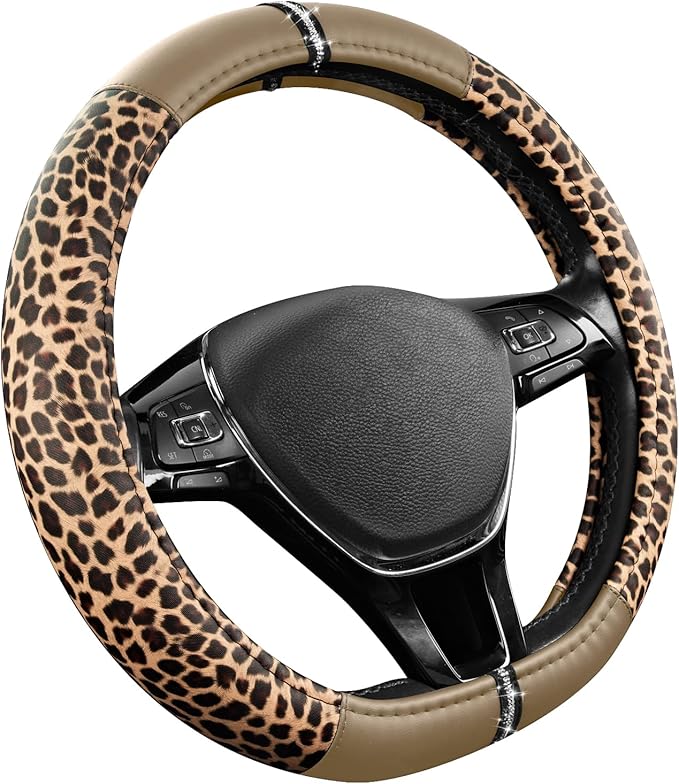 Road Comforts Leopard Steering Wheel Cover - Made with PVC Leather Cheetah Print, D-Shaped Automotive Steering Wheels - Anti-Slip, Universal Fit 14 1/2 inches to 15 inches - Beige