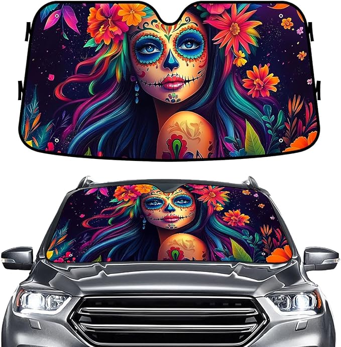 GENANY Sugar Skull Woman Windshield Sun Shade for Car SUV Truck (55x30 Inches), Sun Shade Windshield, Shades for Windows, Protector Blocks UV, Christmas Car Decor