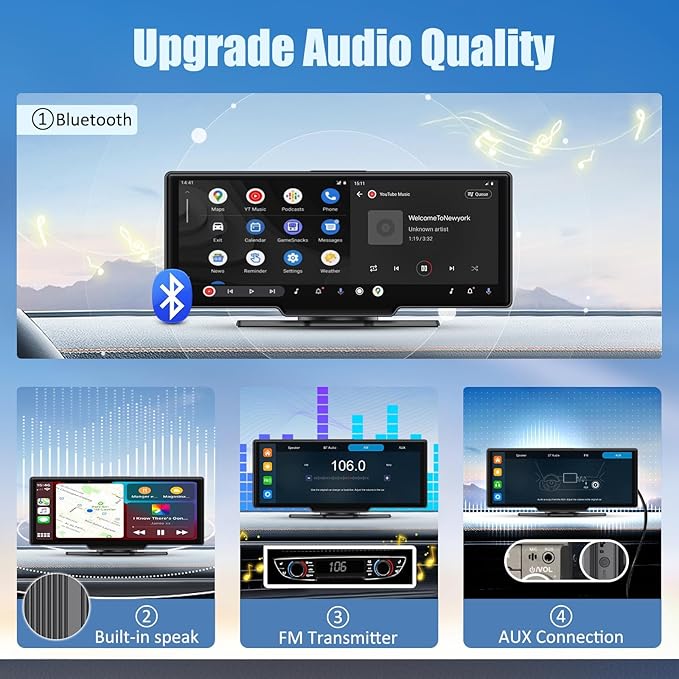 Wireless Apple Carplay Screen for Car,11.26" Portable Car Play & Android Auto Touch Screen, Upgraded Car Stereo with 4K Dash Cam,Backup Camera/Mirror Link/Voice Control/GPS/AUX/FM for All Vehicles