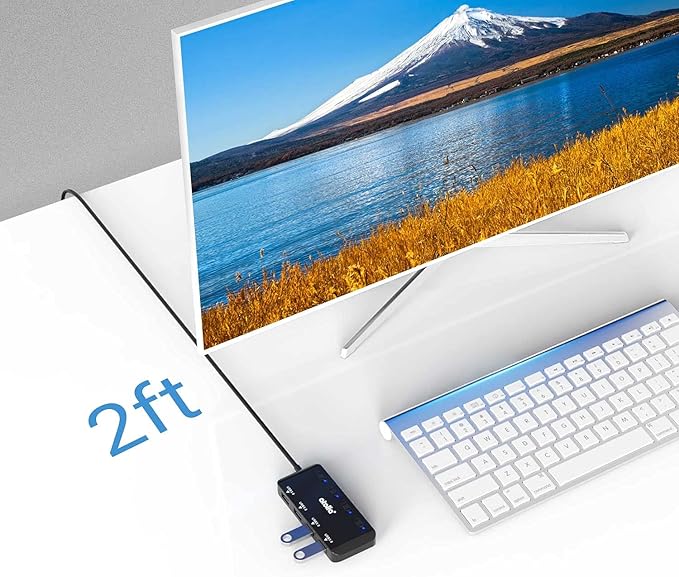 USB Hub, 4-Port USB 3.0 Hub Splitter with 2 ft Extended Cable, Ultra Slim Data USB Extender with Individual Power Switches and LED