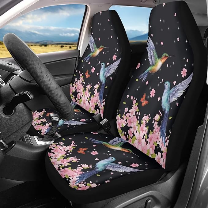 BIGCARJOB Flower Hummingbird Car Seat Cover Set for Front Seat Only,2 Pack Cherry Flower Birds Printed Auto Front Seat Protector Saddle Blanket for Women Girly Car Interior Accessories