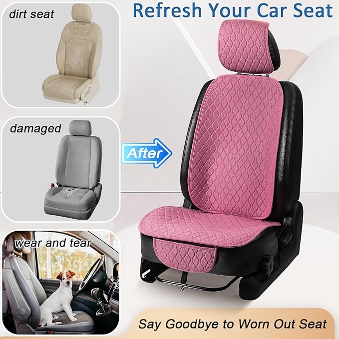 Linen Car Seat Covers Front Seat Covers Breathable Cloth Fabric Car Seat Protector - Universal Fit for Cars, Vans, SUVs, Trucks - 1 Units (1 Pack Pink)