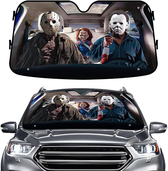 GENANY Horror Movie Character Windshield Sun Shade for Car SUV Truck (55x30 inches), Sun Shade Windshield, Shades for Windows, Protector Blocks UV, Car Decor