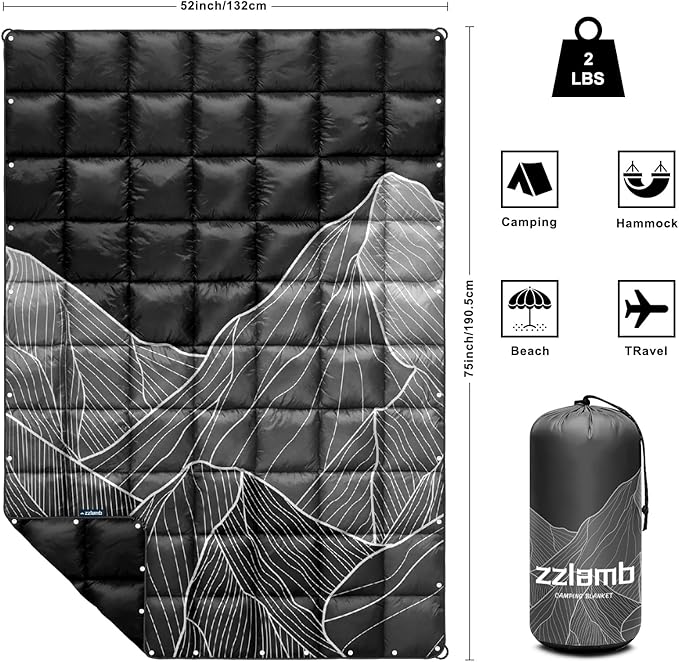zzlamb Camping Blanket for Cold Weather,Outdoor Puffy Blanket Portable Down Alternative,Windproof Warm Cloak with Snaps,Cozy Quilt Backpacking Picnic RV Travel Plane Car Hammock Beach Climbing
