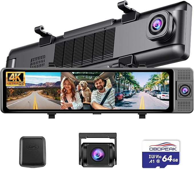 12" Rear View Mirror Camera, 3 Channel 4K Mirror Dash Cam Front, Inside and Rea1080P Camera, Smart Full Touch Screen Backup Camera for car, Dash Cam with WDR Camera,Night Vision,Free 64GB Card & GPS
