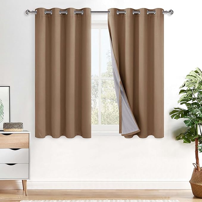 XWZO Full Shading Blackout Curtains 54 Inches Length - Heat and Light Blocking Ring Top Window Drapes with Black Liner Backing for Bedroom Sewn with Tiebacks, Cappuccino, W52 x L54, Set of 2 Panels